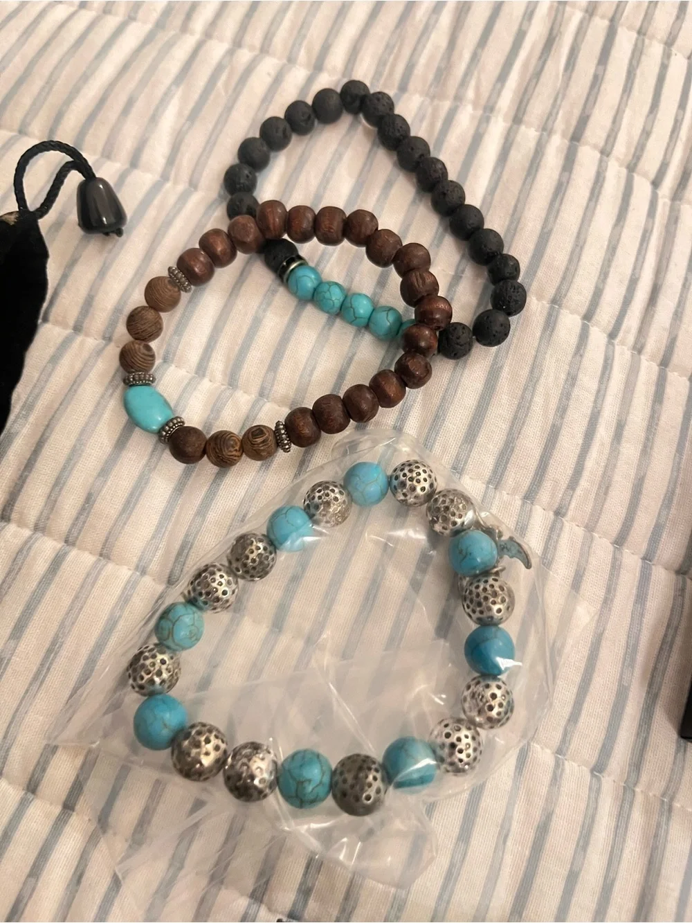 3 Turquoise, Black & Brown Beaded Stackable Bracelet Set all 3 for 1 8 inches
